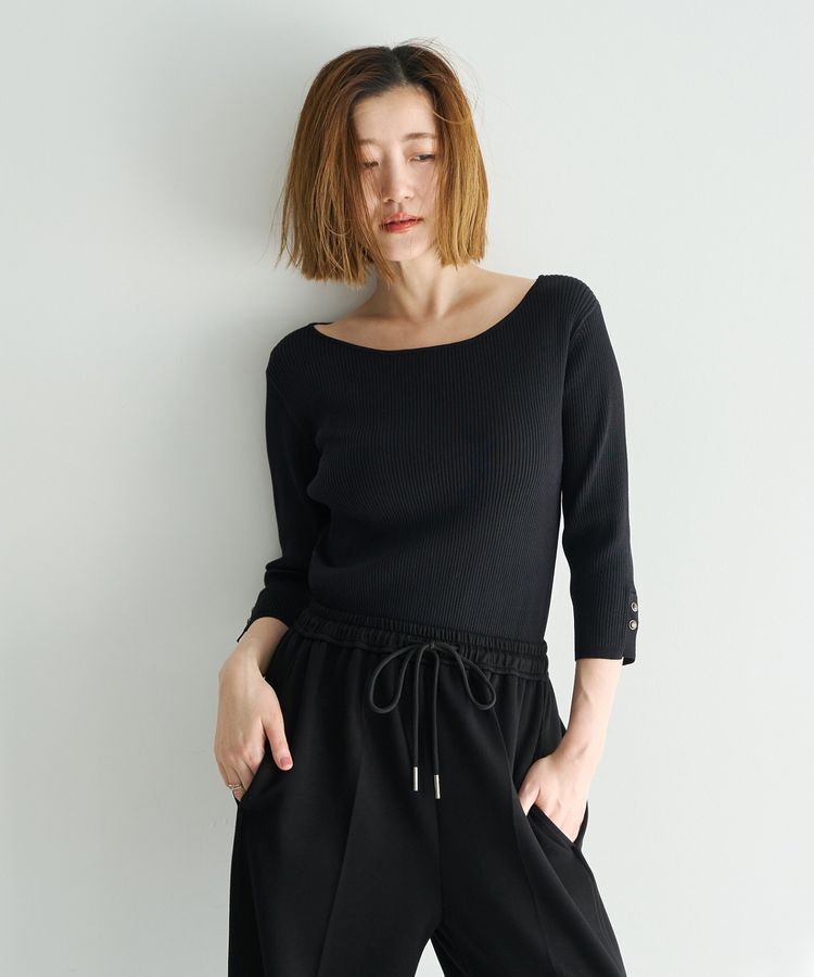 YECCA VECCA「袖釦7分袖リブニット」|ニット・セーター|Black