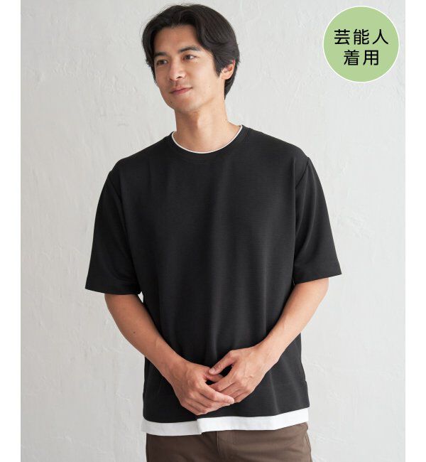 ikka「冷感DRYリップル5分袖Tシャツ」|Tシャツ・カットソー|ブラック
