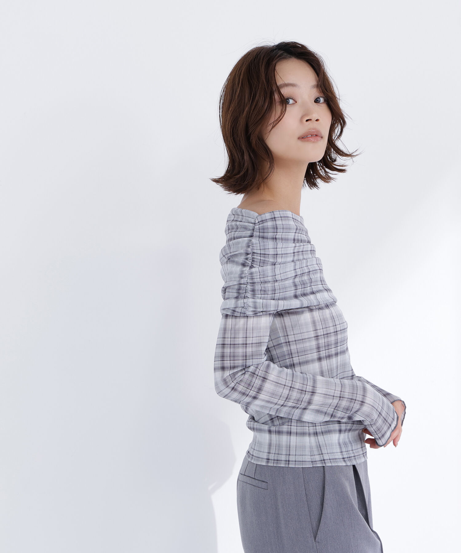  「シアーチェックオフショルトップス」|Tシャツ・カットソー|