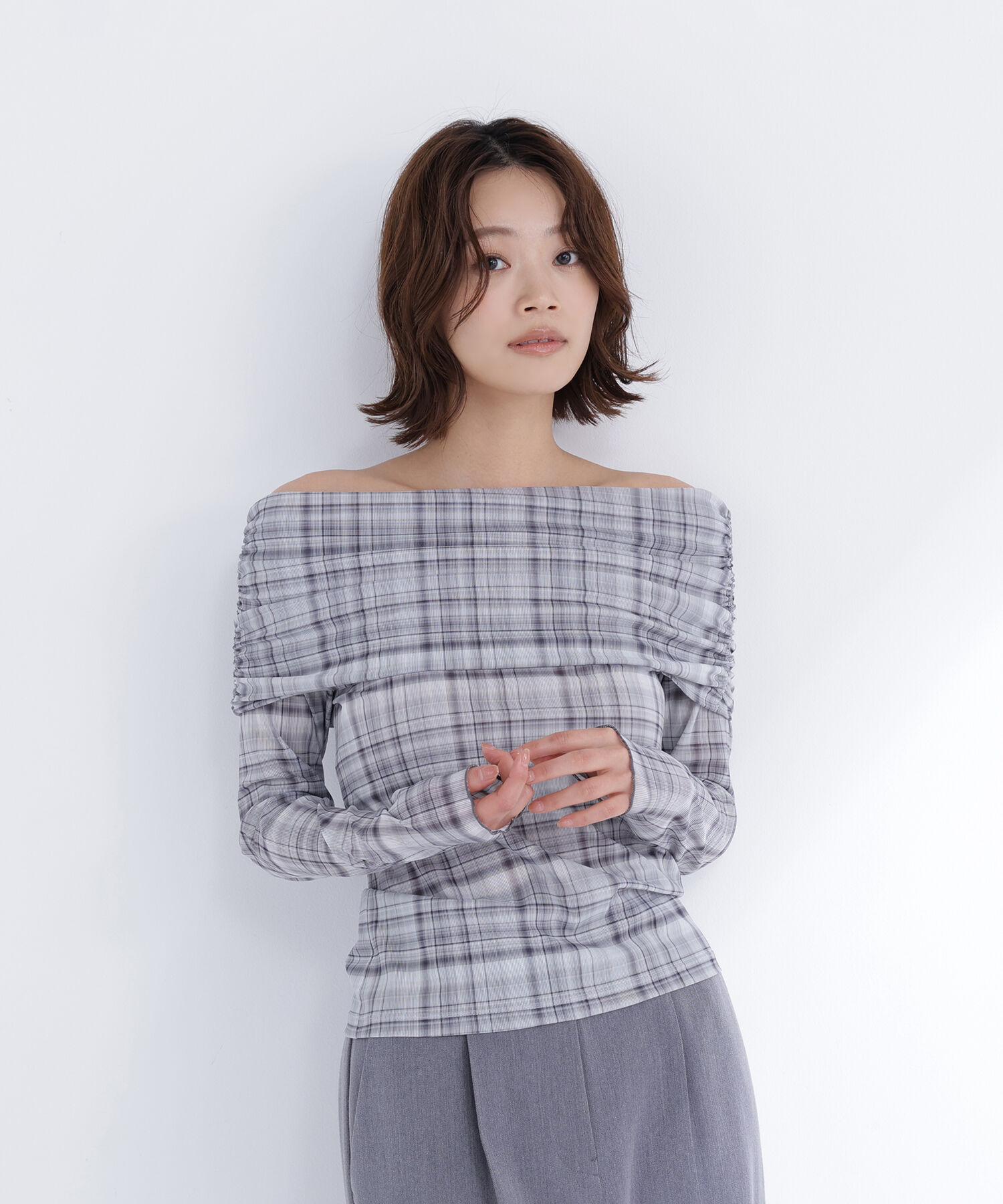  「シアーチェックオフショルトップス」|Tシャツ・カットソー|