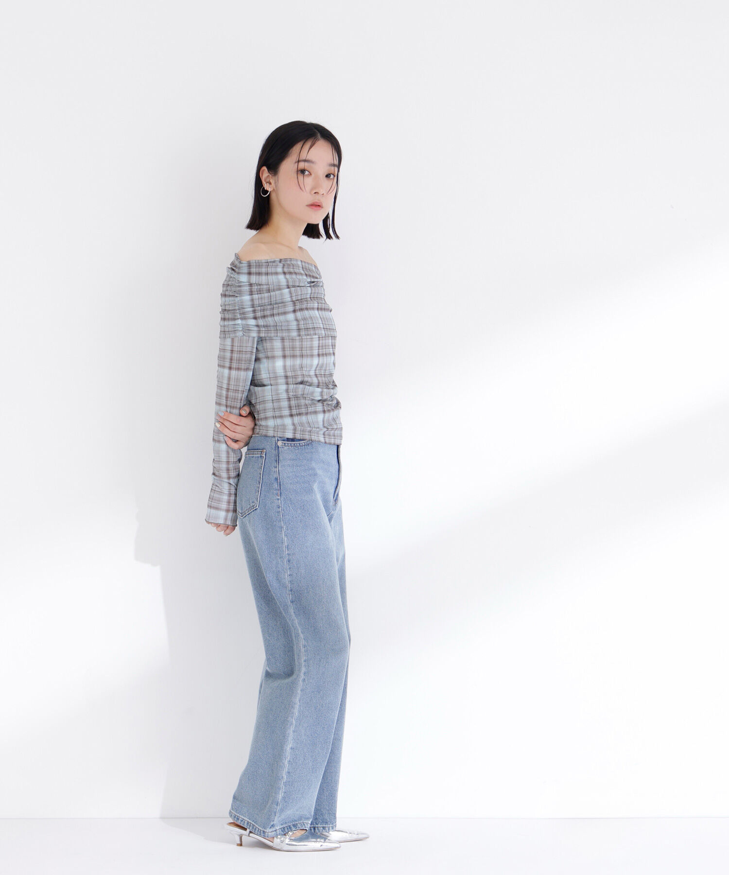  「シアーチェックオフショルトップス」|Tシャツ・カットソー|