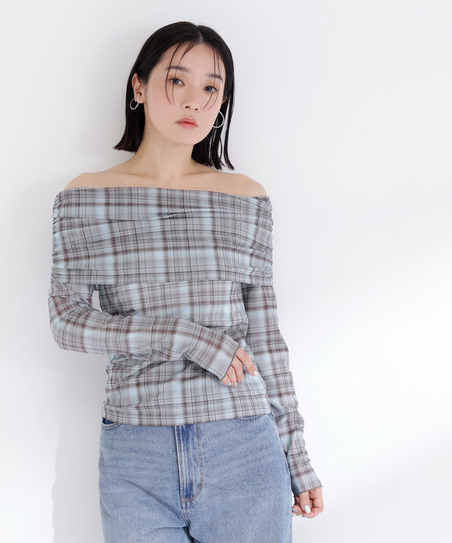  「シアーチェックオフショルトップス」|Tシャツ・カットソー|