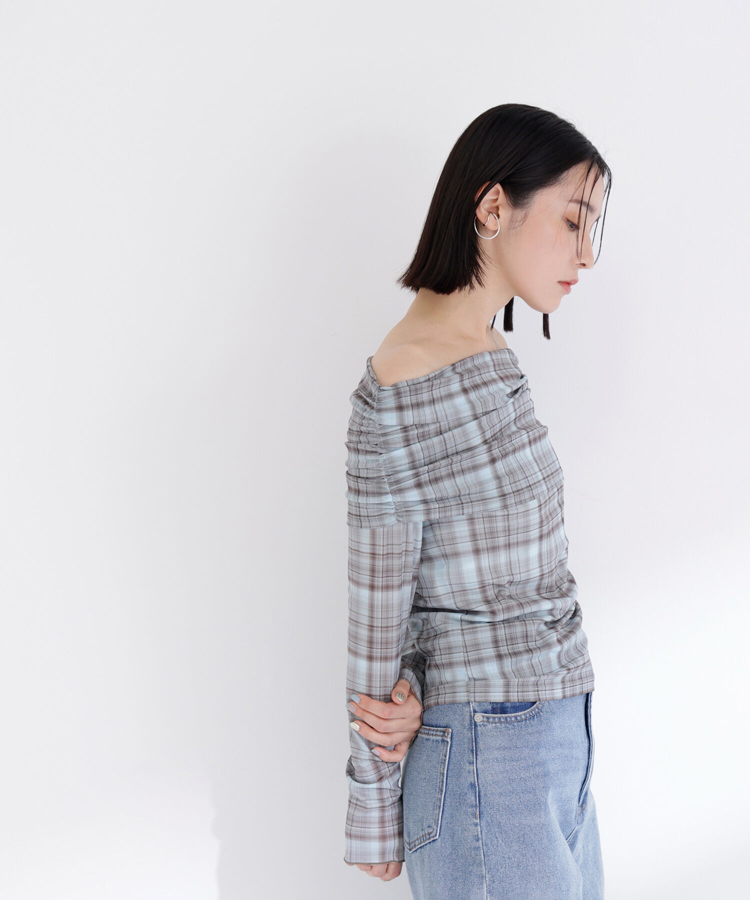  「シアーチェックオフショルトップス」|Tシャツ・カットソー|