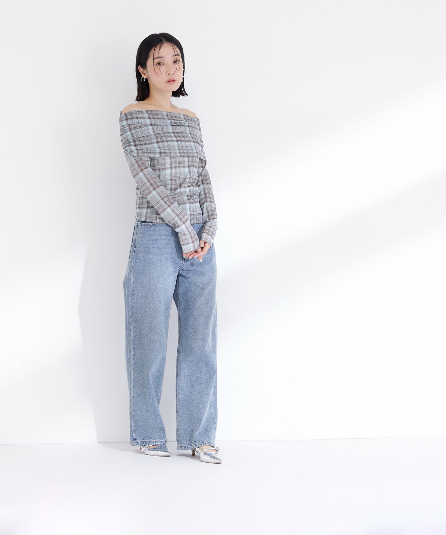  「シアーチェックオフショルトップス」|Tシャツ・カットソー|