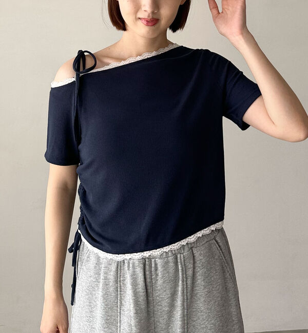 archives「レーストリミングワンショルカットＴＯＰＳ」|Tシャツ・カットソー|NAVY