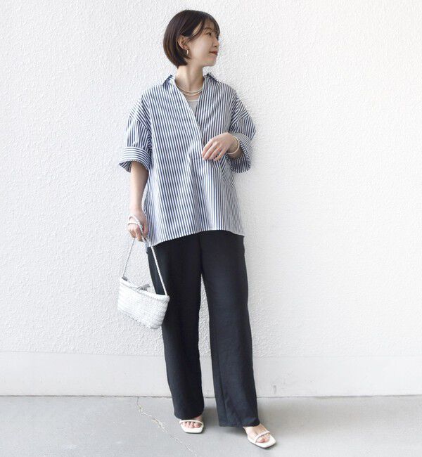 SHIPS for women「〈手洗い可能〉無地/ストライプ スキッパー サイド スリット 半袖 シャツ」|シャツ・ブラウス|