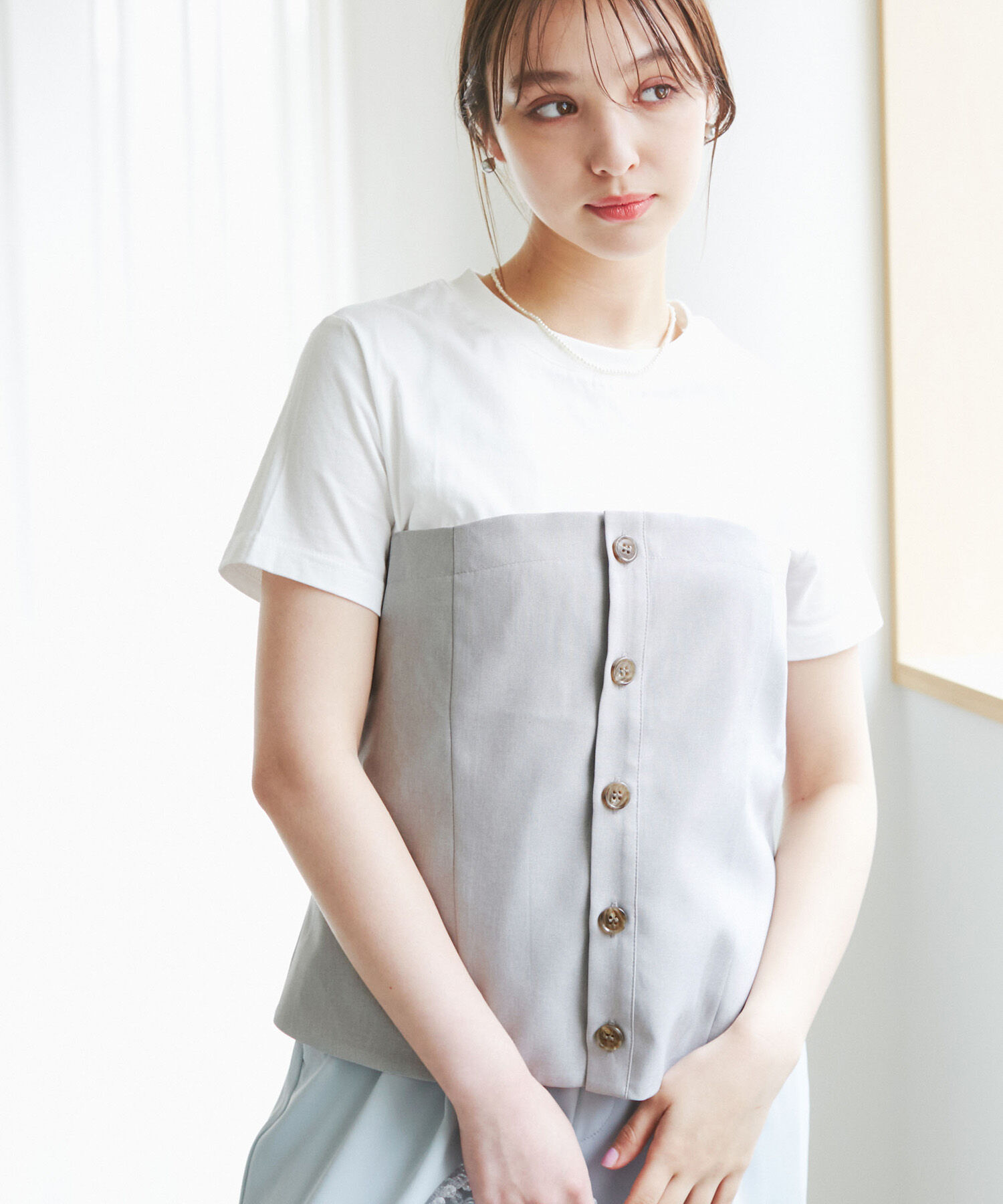 Rope&rsquo;Picnic「異素材ドッキングレイヤードトップス」|Tシャツ・カットソー|グレー(07)