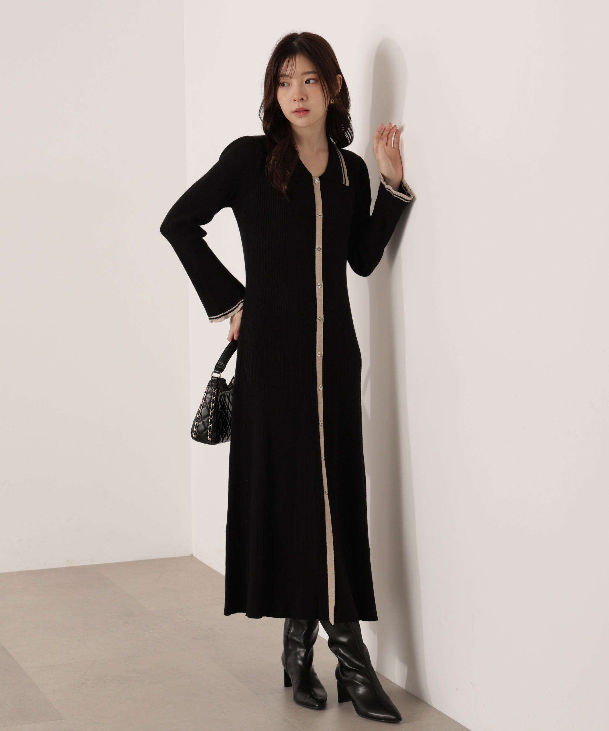 PROPORTION BODY DRESSING「《EDIT COLOGNE》バイカラー衿ニットワンピース 25AW」|ワンピース|