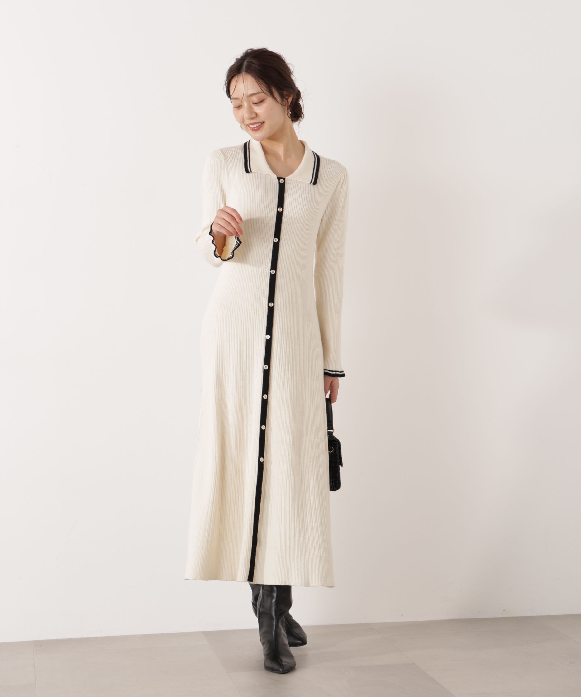 PROPORTION BODY DRESSING「《EDIT COLOGNE》バイカラー衿ニットワンピース 25AW」|ワンピース|