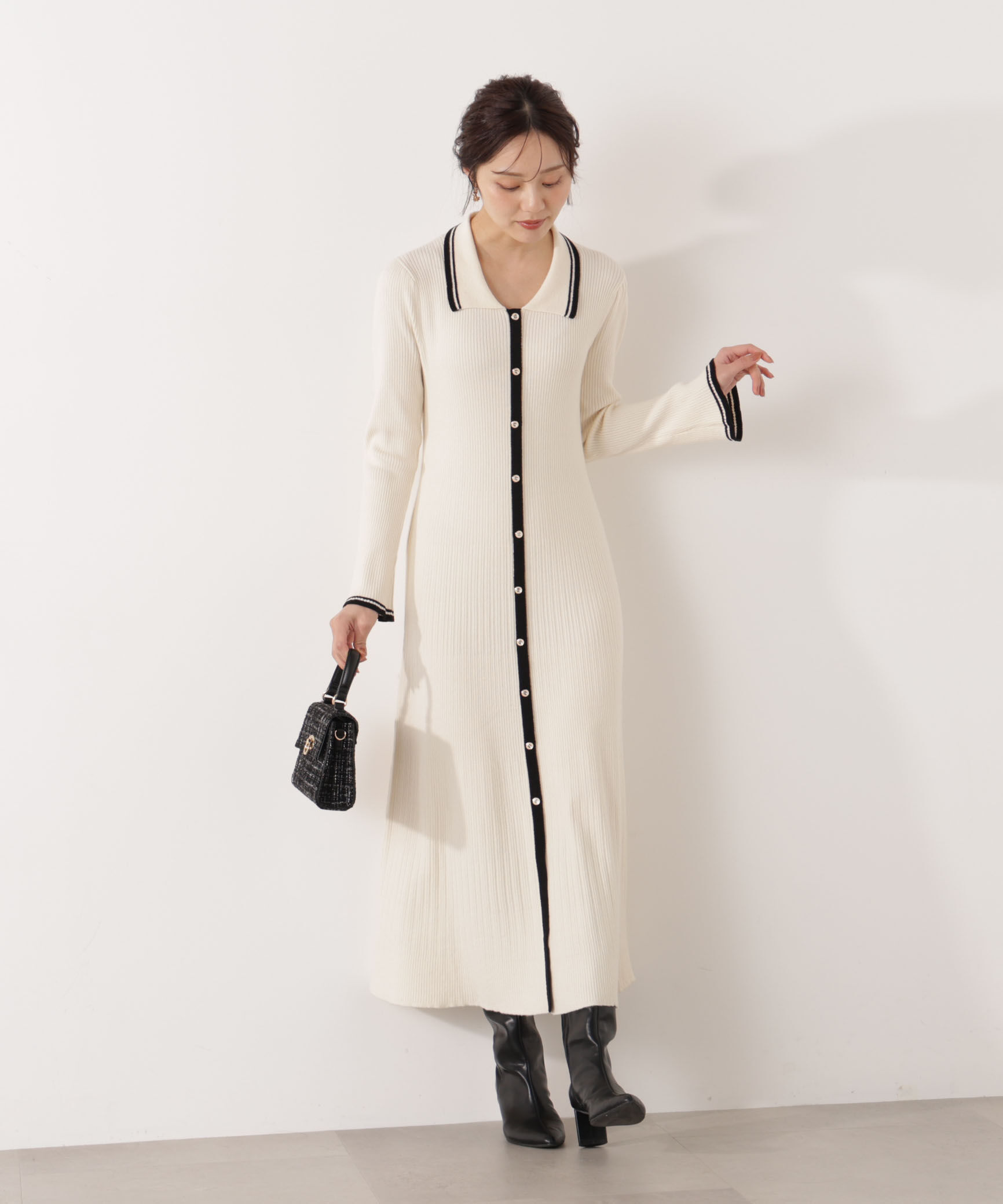 PROPORTION BODY DRESSING「《EDIT COLOGNE》バイカラー衿ニットワンピース 25AW」|ワンピース|