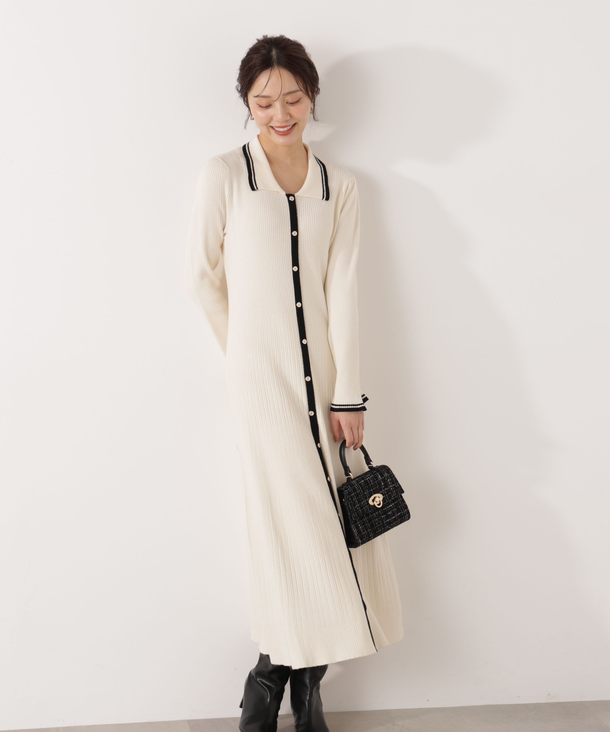 PROPORTION BODY DRESSING「《EDIT COLOGNE》バイカラー衿ニットワンピース 25AW」|ワンピース|