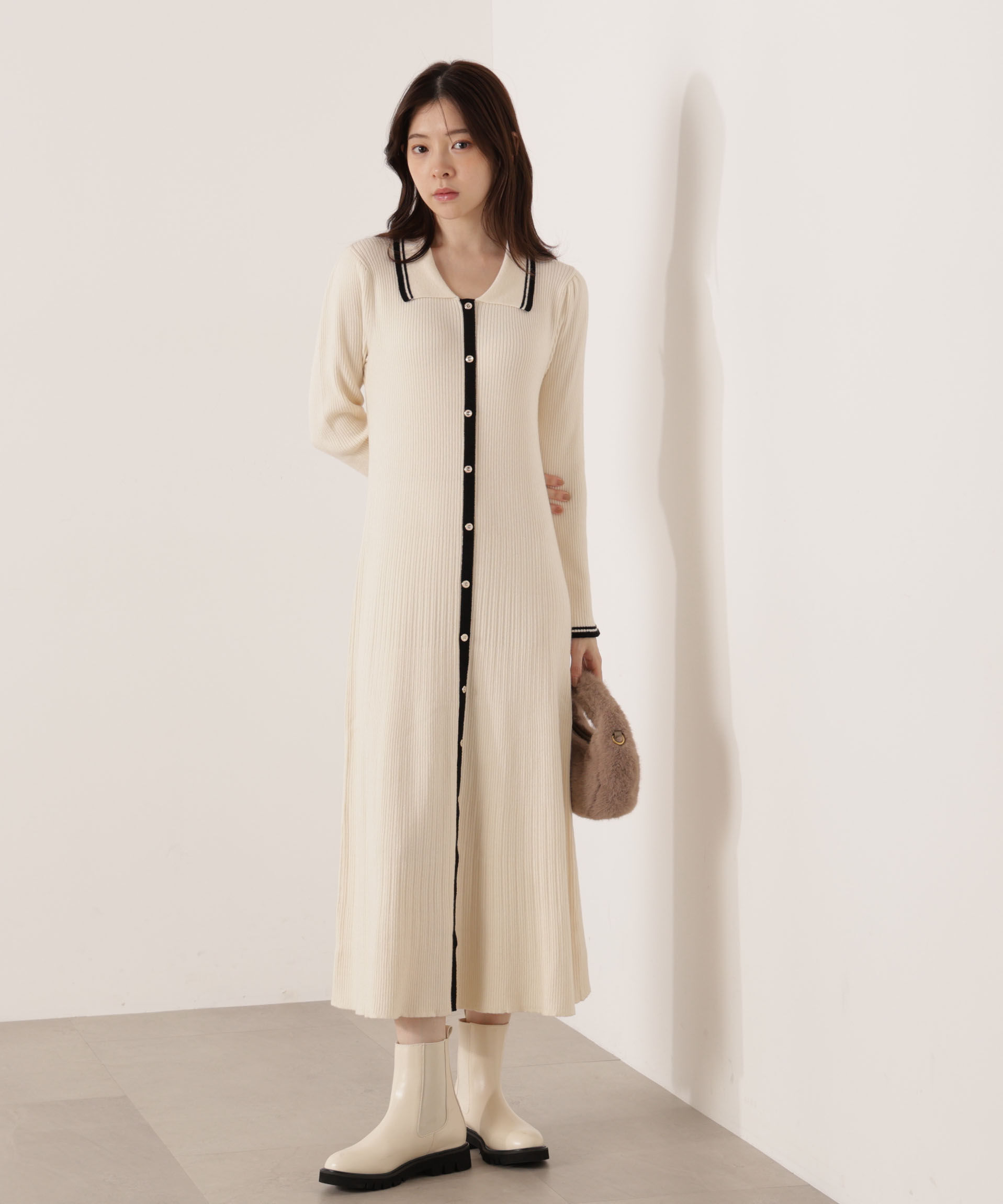PROPORTION BODY DRESSING「《EDIT COLOGNE》バイカラー衿ニットワンピース 25AW」|ワンピース|