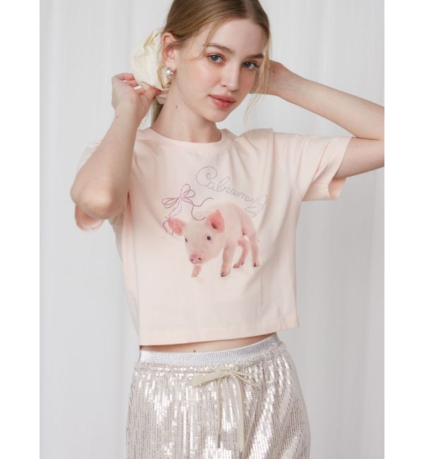 CALNAMUR「ピグレットリボンビジューTシャツ」|Tシャツ・カットソー|
