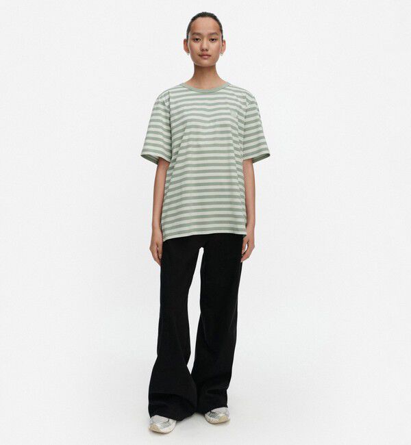 Marimekko「Tasaraita Unisex Unikko Tシャツ」|シャツ・ブラウス|ｸﾞﾘｰﾝ&times;ﾗｲﾄｸﾞﾘｰﾝ