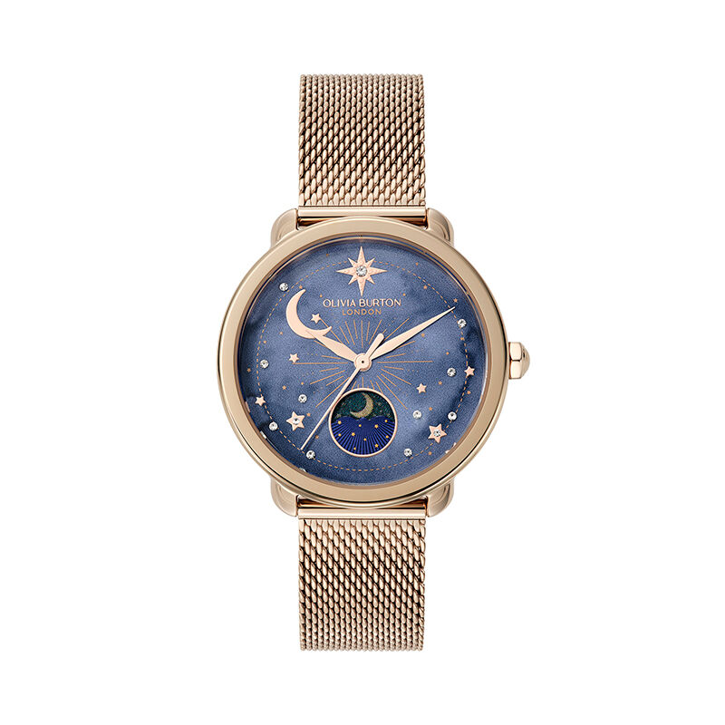 OLIVIA BURTON 「〈OLIVIA BURTON(ｵﾘﾋﾞｱﾊﾞｰﾄﾝ)〉ｾﾚｽﾃｨｱﾙ 34mm ﾑｰﾝﾌｨｲｽﾞﾈｲﾋﾞｰ & ﾛｰｽﾞｺﾞｰﾙﾄﾞﾒｯｼｭ」|腕時計|