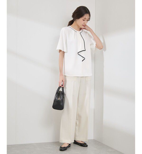 Rope&rsquo;Picnic「【WEB限定サイズ】配色ボウタイ風ハーフスリーブブラウス/通勤対応」|シャツ・ブラウス|