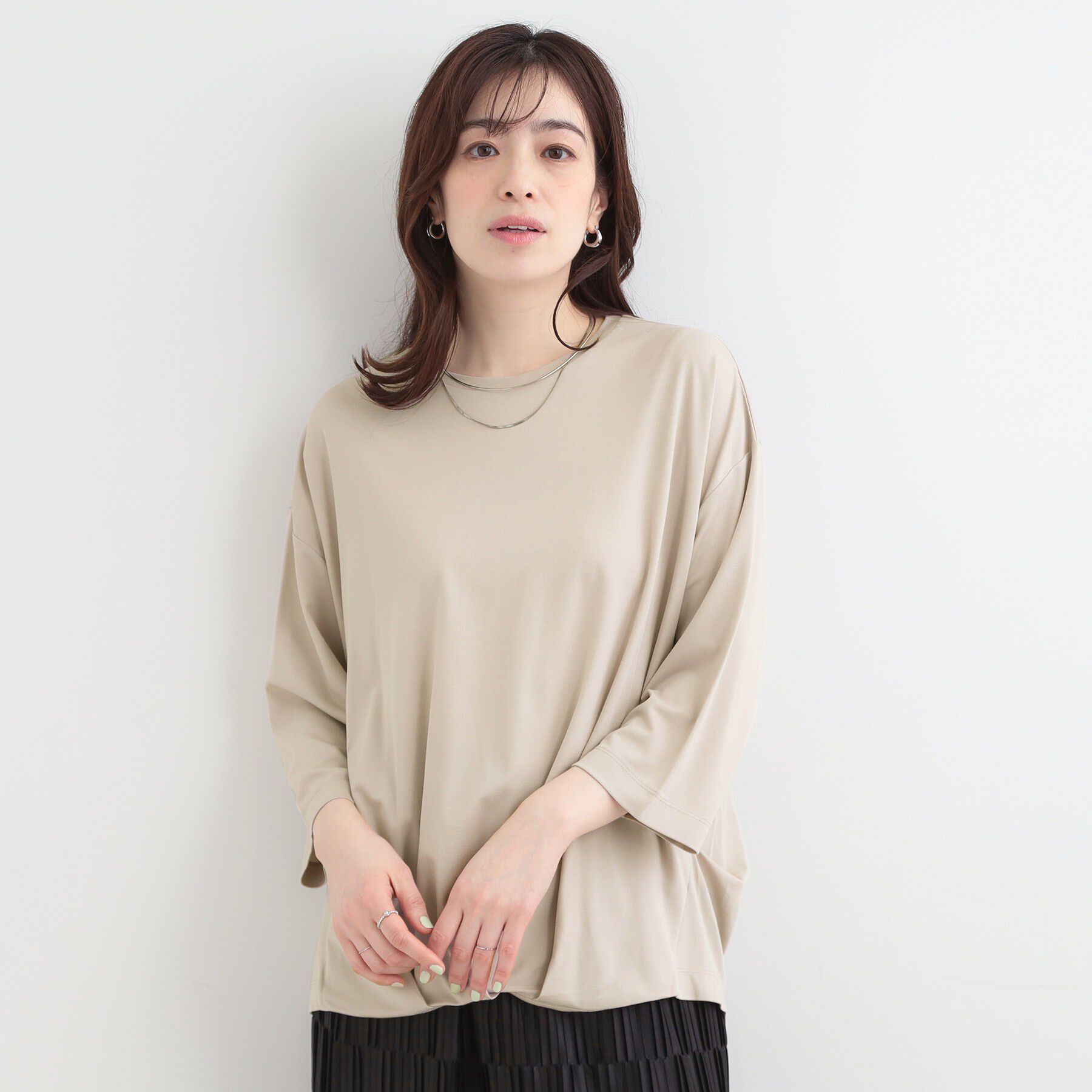 SHOO･LA･RUE「【ひんやり/UV/体型カバー】とろみフロントタック7分袖ゆるトップス」|Tシャツ・カットソー|