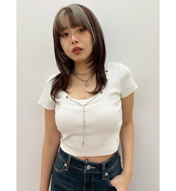 EVRIS「ネックレスフレンチスリーブショートトップス」|Tシャツ・カットソー|
