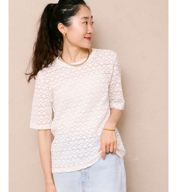  「《WEB限定アイテム》ストレッチレースハーフスリーブプルオーバー」|Tシャツ・カットソー|