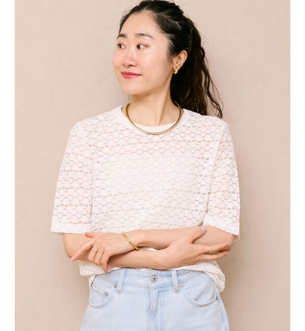  「《WEB限定アイテム》ストレッチレースハーフスリーブプルオーバー」|Tシャツ・カットソー|