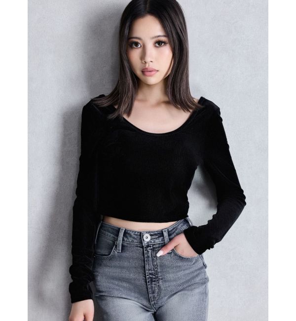 GYDA「VELOUR RIB BACK CROSS TOPS」|Tシャツ・カットソー|ブラック