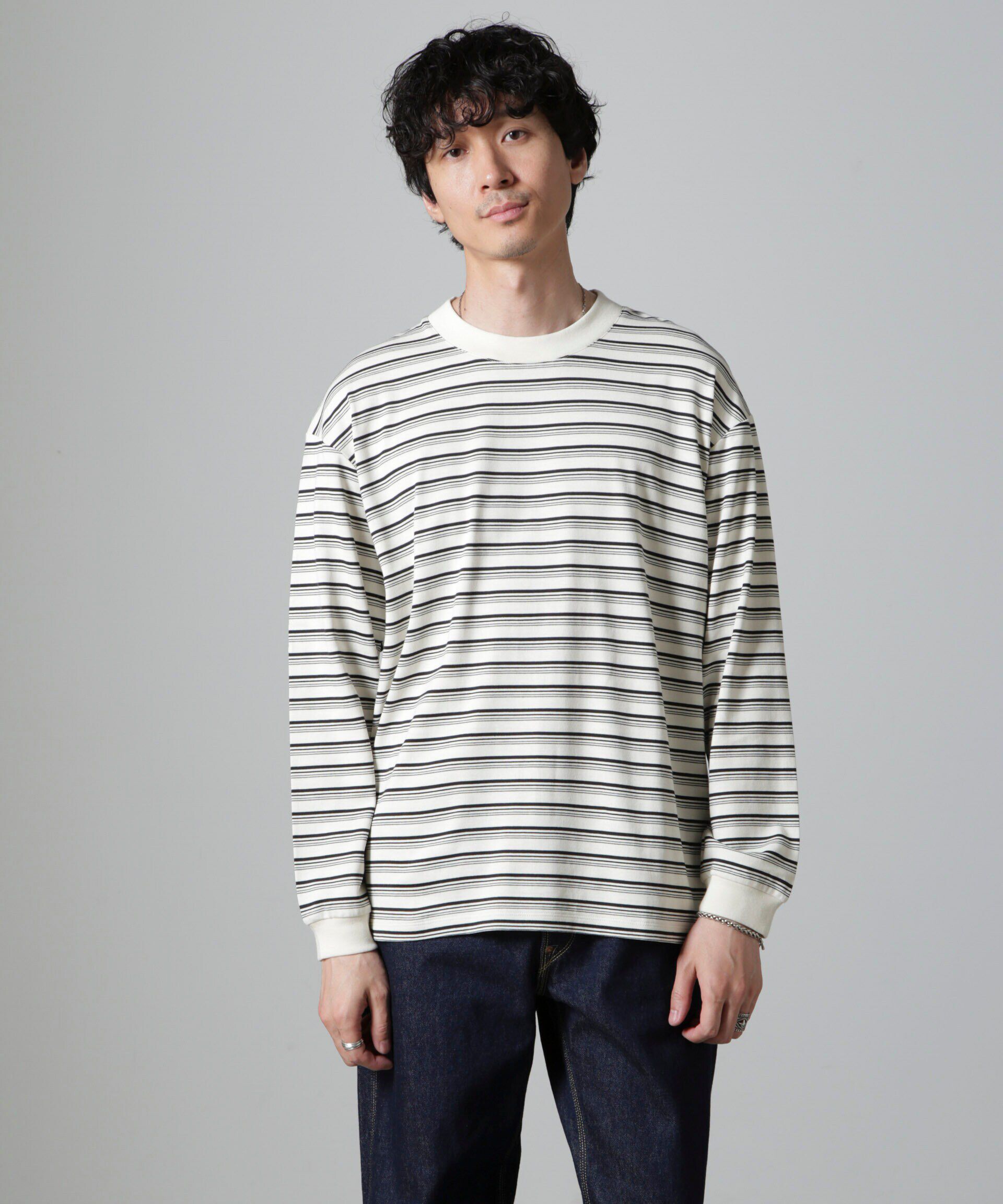 nano･universe「Anti Soaked(R)  ランダムボーダークルーネックTシャツ 長袖」|Tシャツ・カットソー|ホワイト