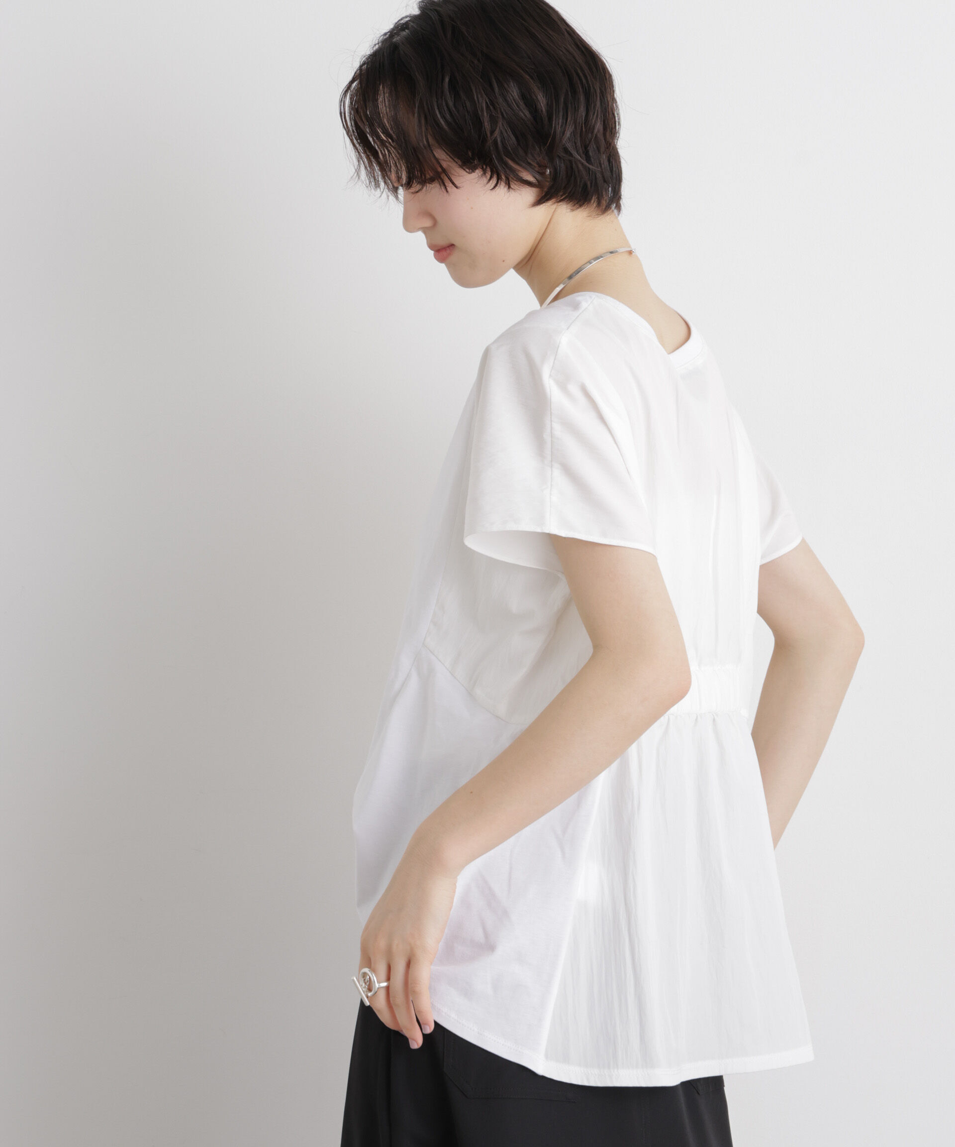 nano･universe「タフタコンビバックギャザーデザインカットトップス」|Tシャツ・カットソー|