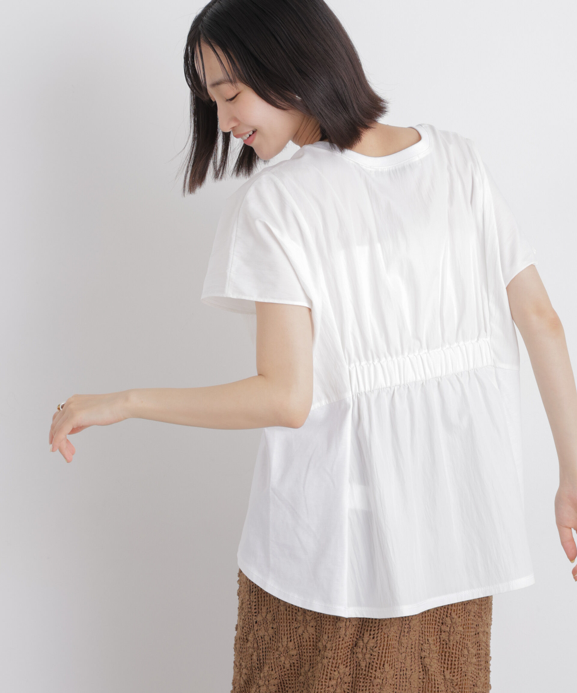 nano･universe「タフタコンビバックギャザーデザインカットトップス」|Tシャツ・カットソー|