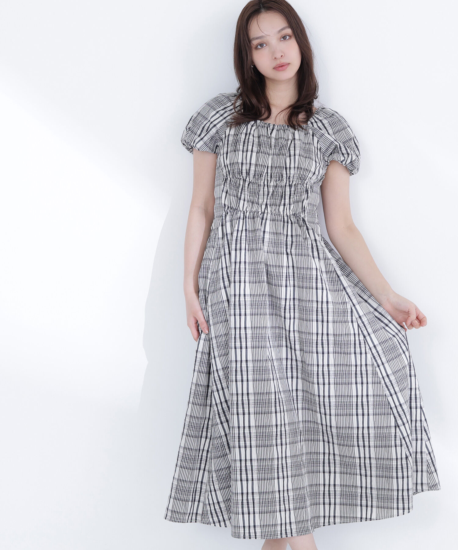  「チェックパフスリーブワンピース」|ワンピース|