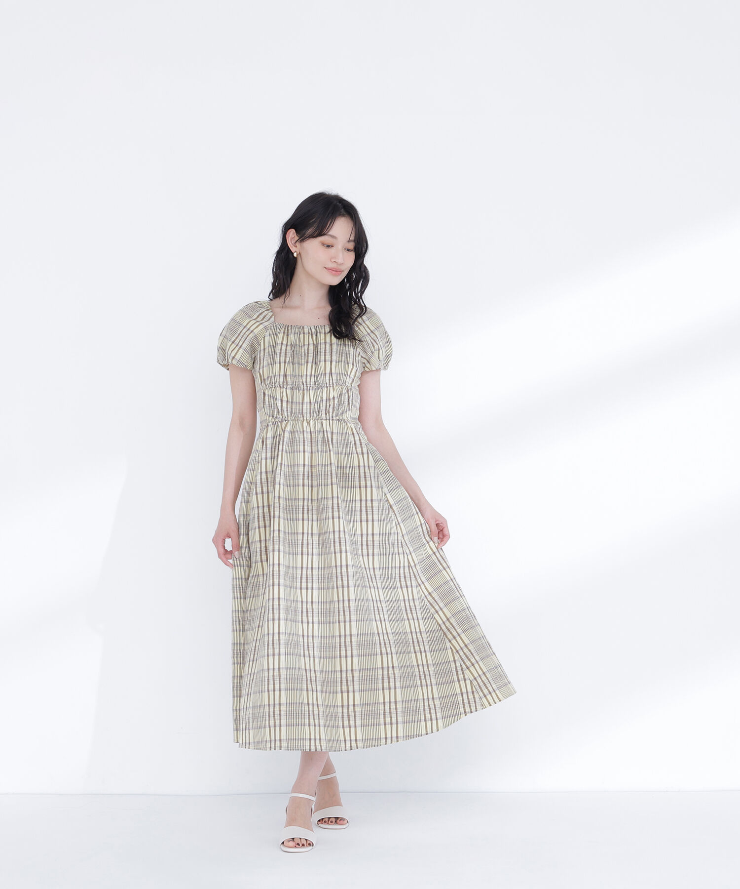  「チェックパフスリーブワンピース」|ワンピース|