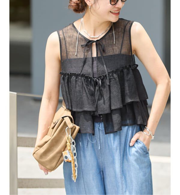 JOURNAL STANDARD「リネンメッシュフリルブラウス」|シャツ・ブラウス|ブラック