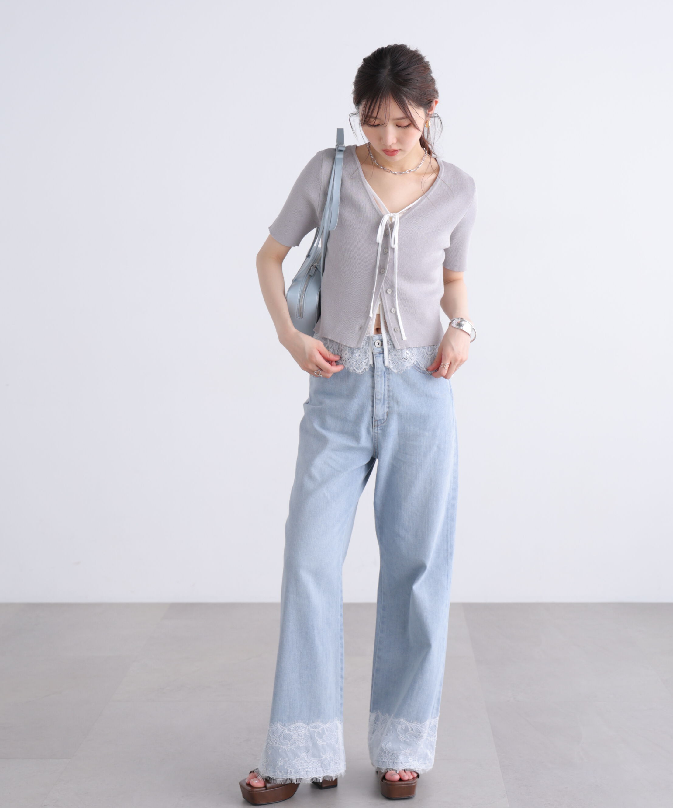  「[低身長サイズ/Sシリーズ]ベーシックワイド裾レースデニムパンツ」|その他|
