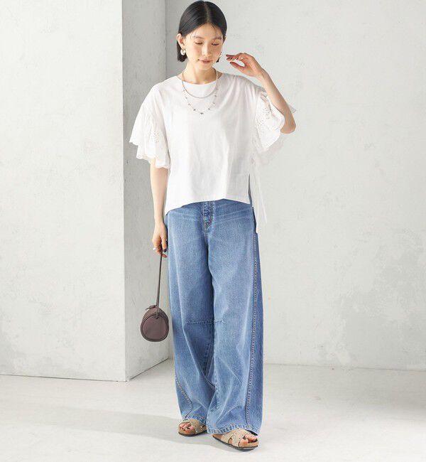 SHIPS for women「《予約》〈洗濯機可能〉Sohana: シフリー 刺繍 レース スリーブ TEE」|Tシャツ・カットソー|