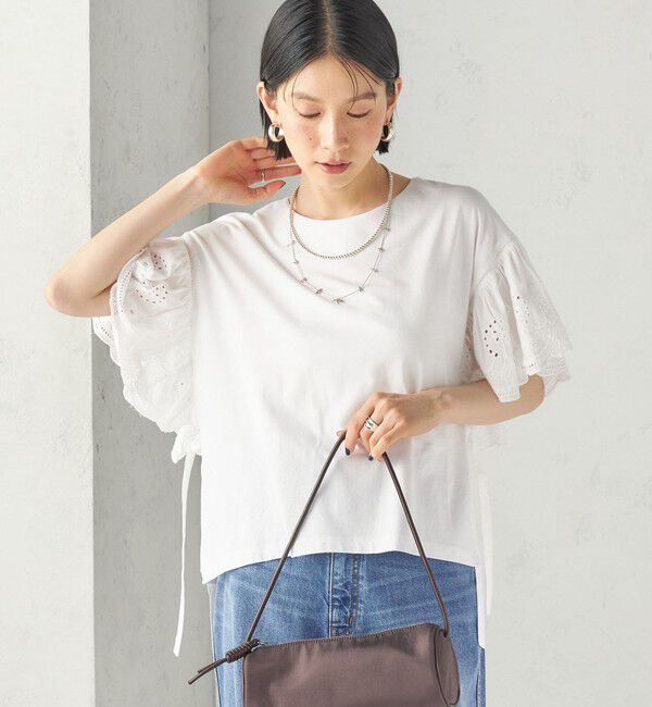 SHIPS for women「《予約》〈洗濯機可能〉Sohana: シフリー 刺繍 レース スリーブ TEE」|Tシャツ・カットソー|
