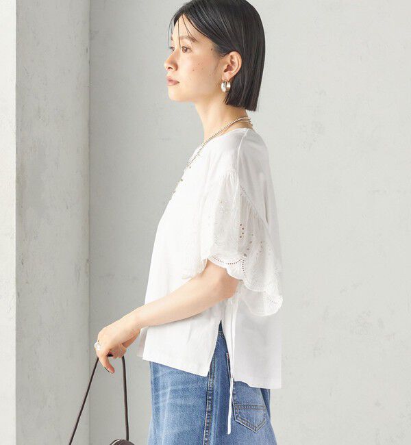 SHIPS for women「《予約》〈洗濯機可能〉Sohana: シフリー 刺繍 レース スリーブ TEE」|Tシャツ・カットソー|