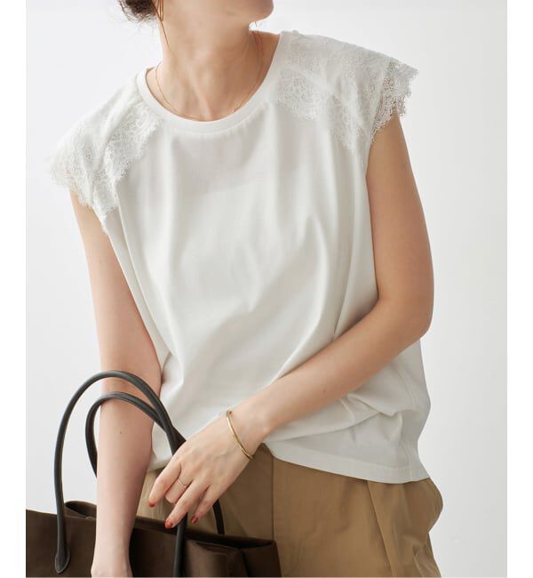 Spick and Span「《予約》レースコンビフレンチスリーブTシャツ」|Tシャツ・カットソー|ホワイト