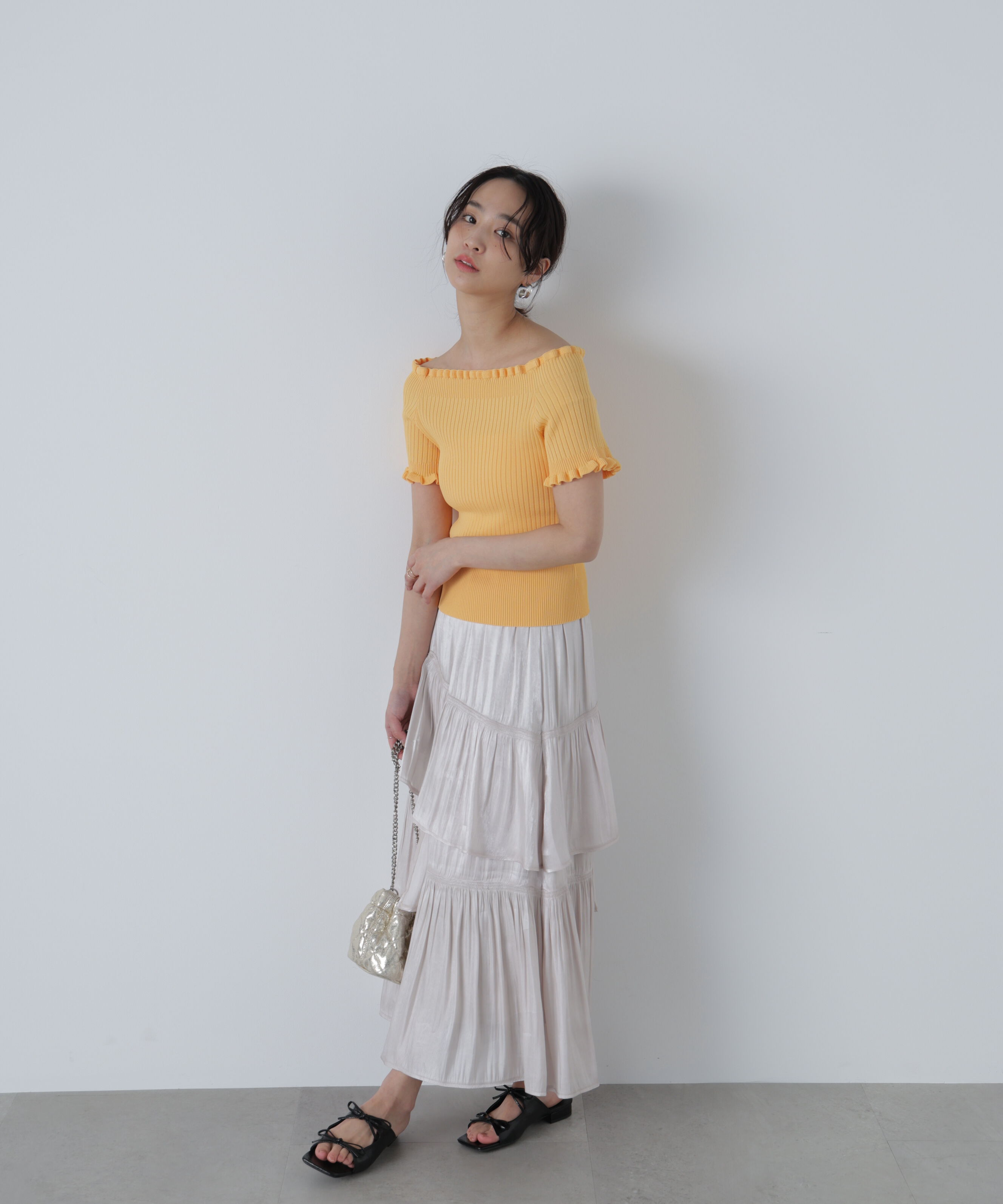  「2wayオフショルフリルリブ半袖ニット」|ニット・セーター|
