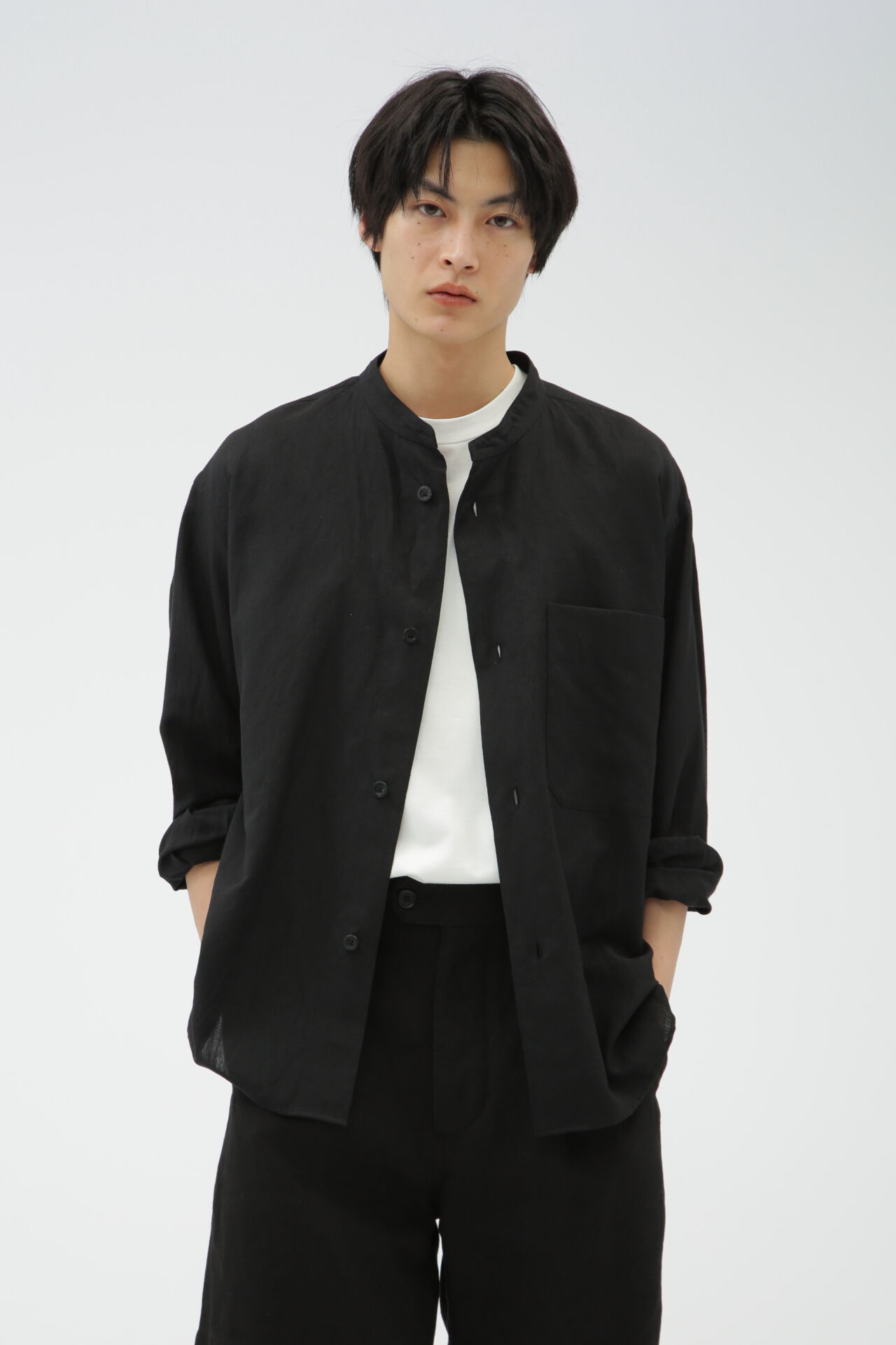 MARGARET HOWELL「DRY WOOL LINEN PLAINWEAVE SHIRT」|シャツ・ブラウス|BLACK