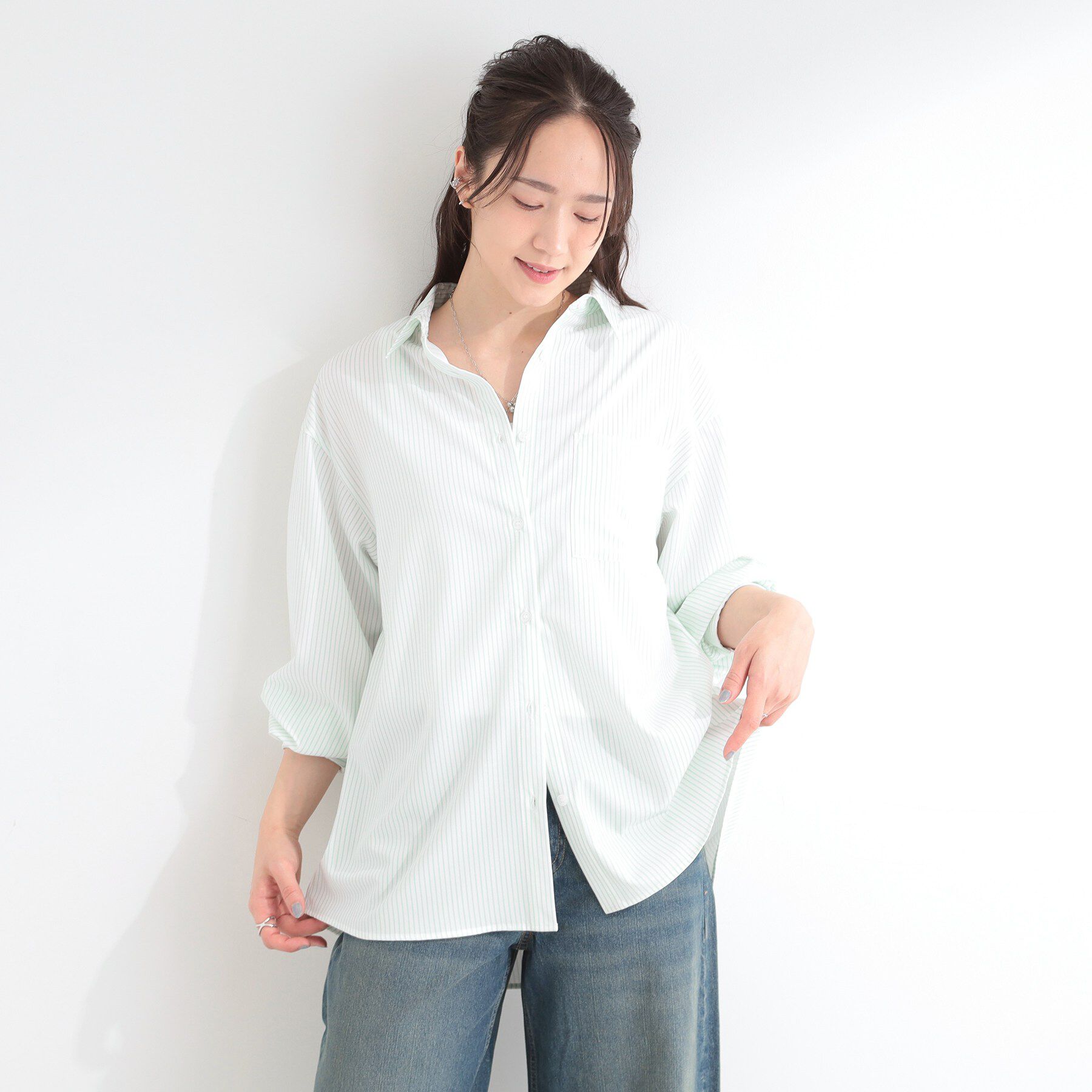 SHOO･LA･RUE「【ひんやり/UV/吸水速乾/洗濯後しわになりにくい】ラッシュガードにもなる ストライプシャツ」|シャツ・ブラウス|