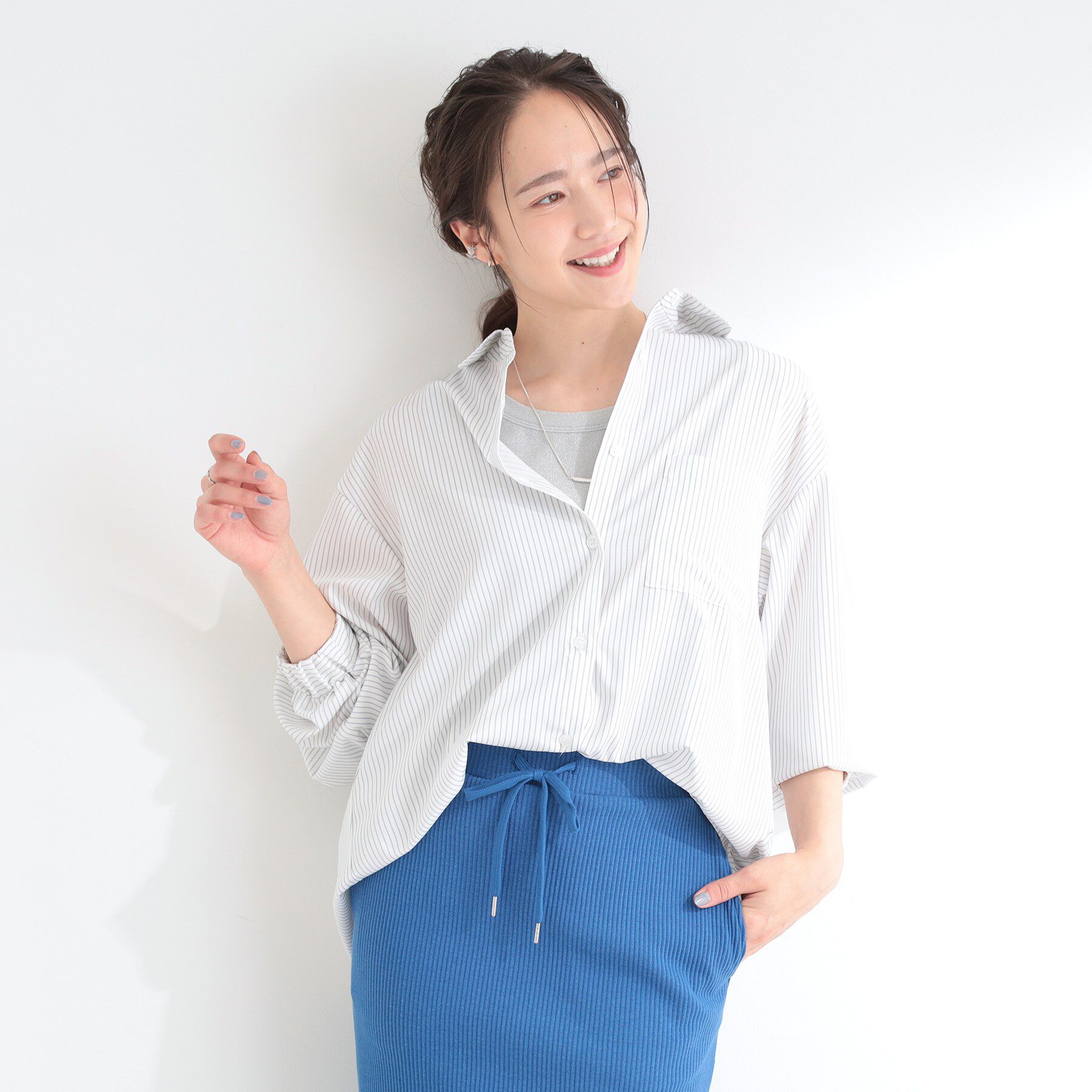 SHOO･LA･RUE「【ひんやり/UV/吸水速乾/洗濯後しわになりにくい】ラッシュガードにもなる ストライプシャツ」|シャツ・ブラウス|