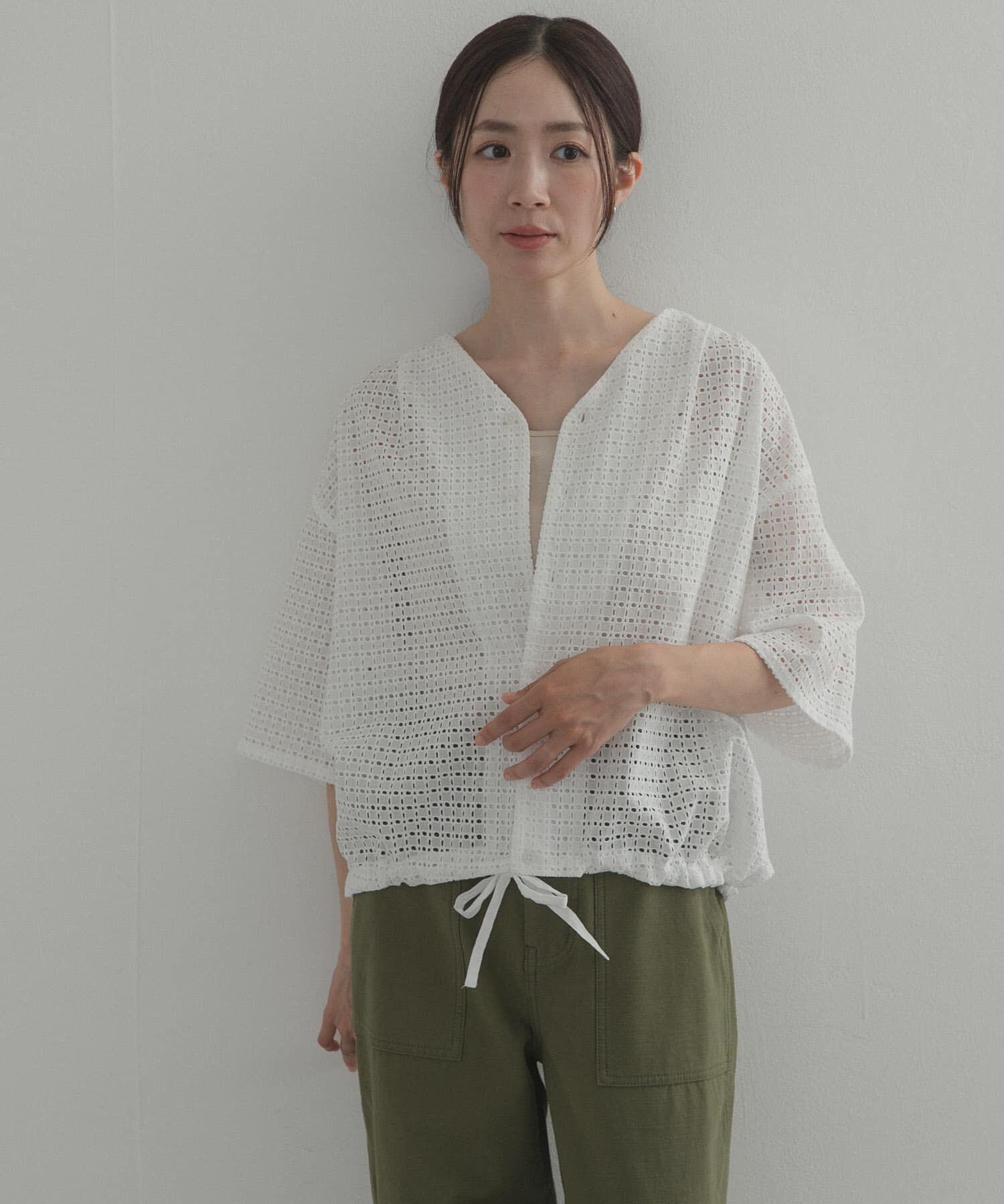 URBAN RESEARCH DOORS「レースドロストハーフスリーブブラウス」|シャツ・ブラウス|