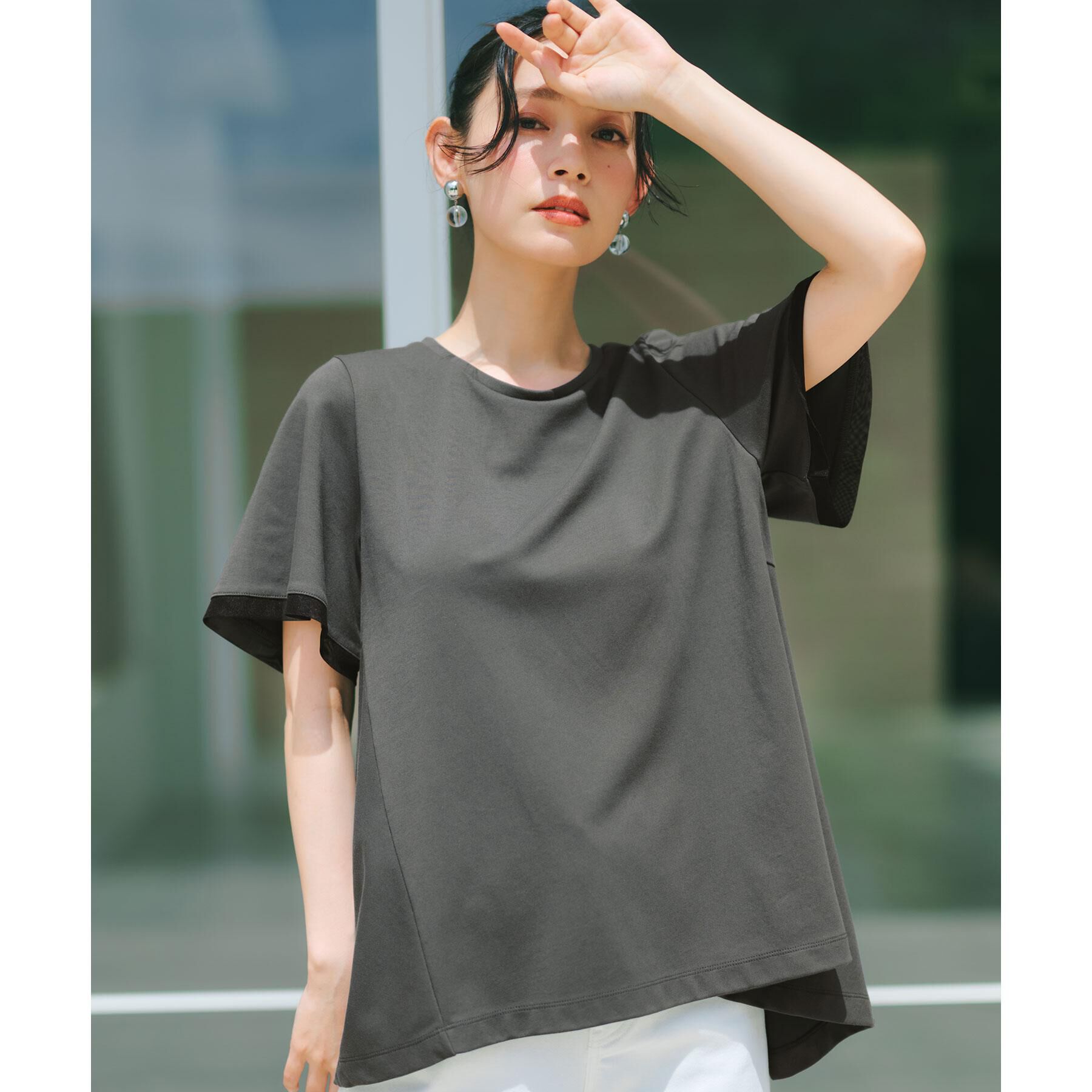 OPAQUE.CLIP「【UVケア／接触冷感】スーパーアイス 袖チュールペプラムカットソー《洗濯機OK》」|Tシャツ・カットソー|