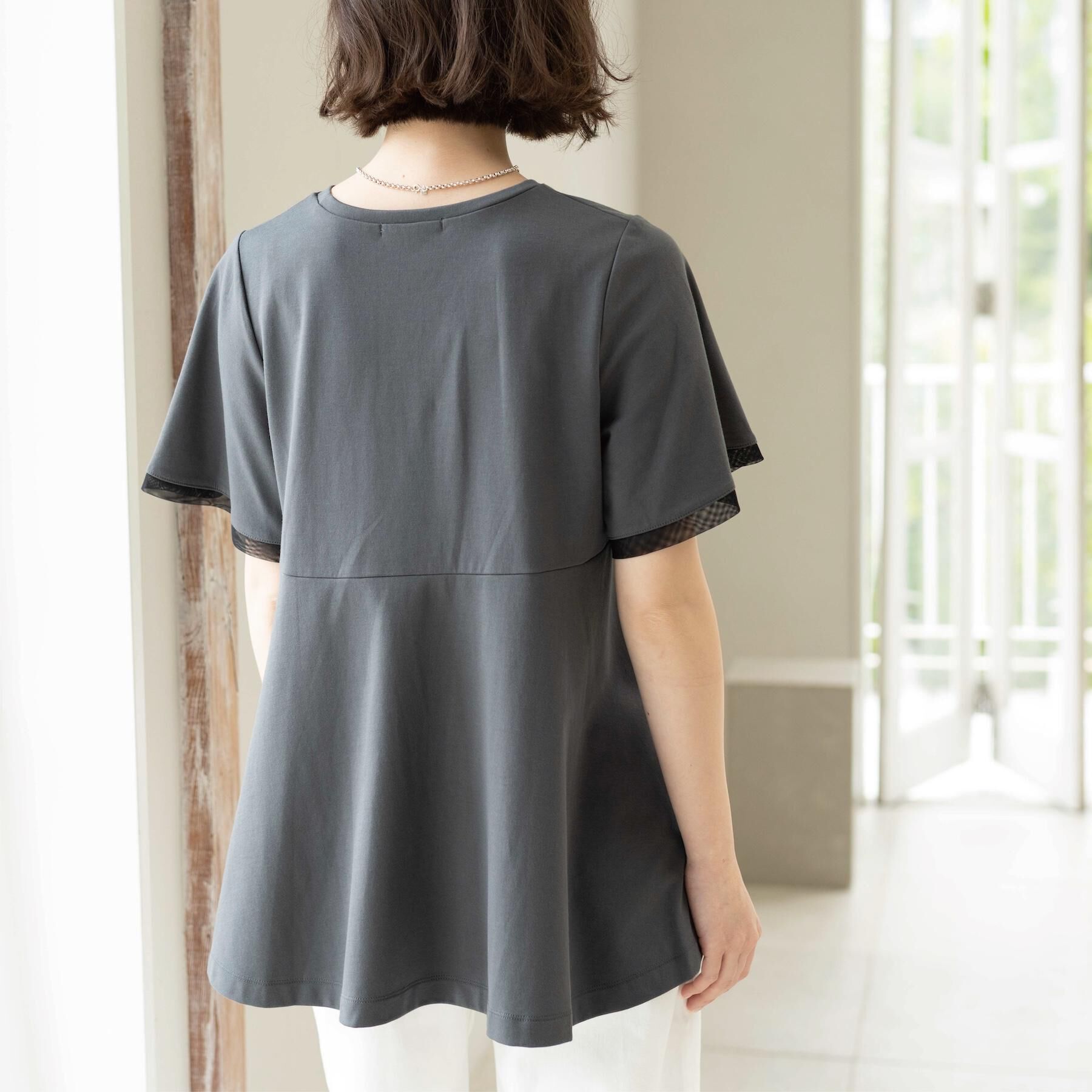 OPAQUE.CLIP「【UVケア／接触冷感】スーパーアイス 袖チュールペプラムカットソー《洗濯機OK》」|Tシャツ・カットソー|