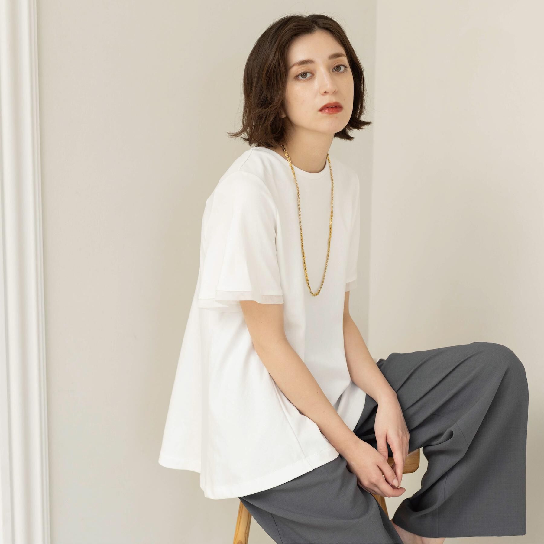 OPAQUE.CLIP「【UVケア／接触冷感】スーパーアイス 袖チュールペプラムカットソー《洗濯機OK》」|Tシャツ・カットソー|