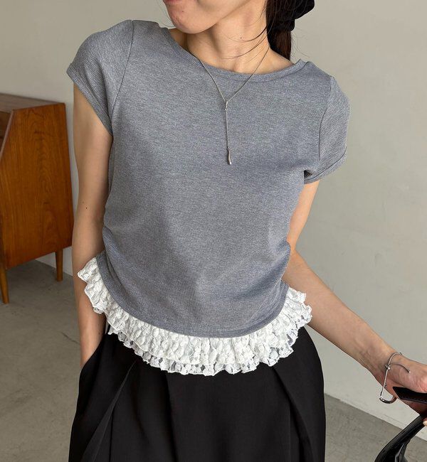  「【前後2way】裾レースミニ袖T」|Tシャツ・カットソー|グレー