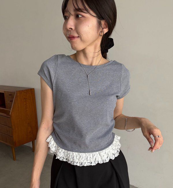  「【前後2way】裾レースミニ袖T」|Tシャツ・カットソー|