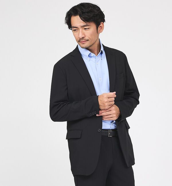 ABAHOUSE「【接触冷感/セットアップ対応】ナイロンジャガード ストレッチ シングルジャケット」|テーラードジャケット|ブラック