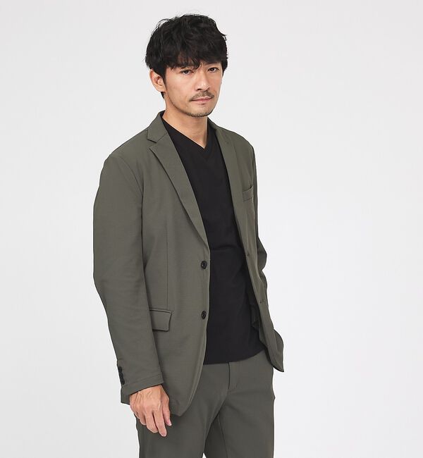 ABAHOUSE「【接触冷感/セットアップ対応】ナイロンジャガード ストレッチ シングルジャケット」|テーラードジャケット|カーキ