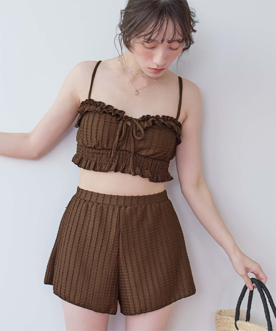 SEA DRESS「3点セット/フリルデザインジャガードビキニ&times;ショートパンツ/水着」|ビキニ|ブラウン