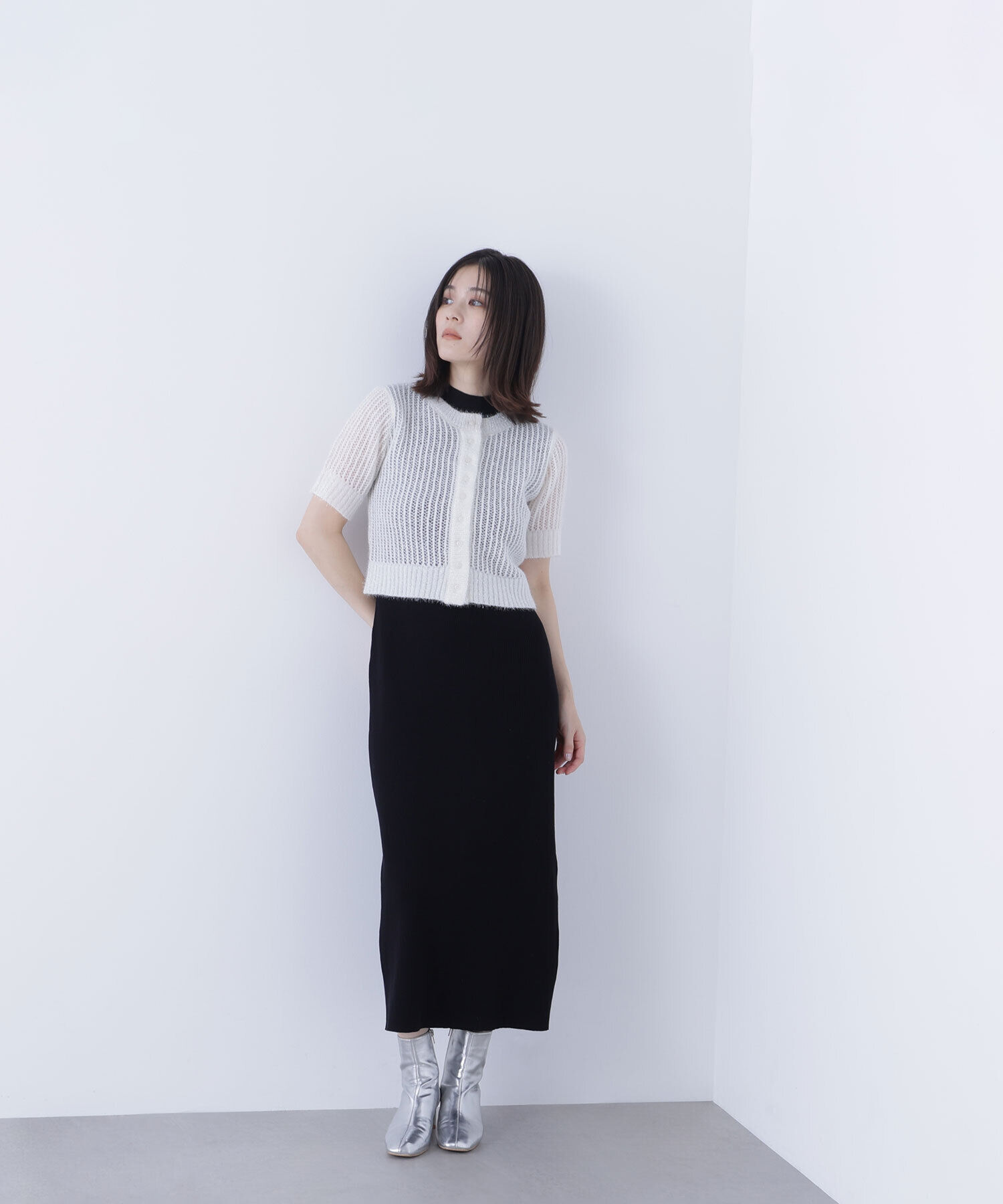  「フィルムラメカーデセットニットワンピース」|ワンピース|